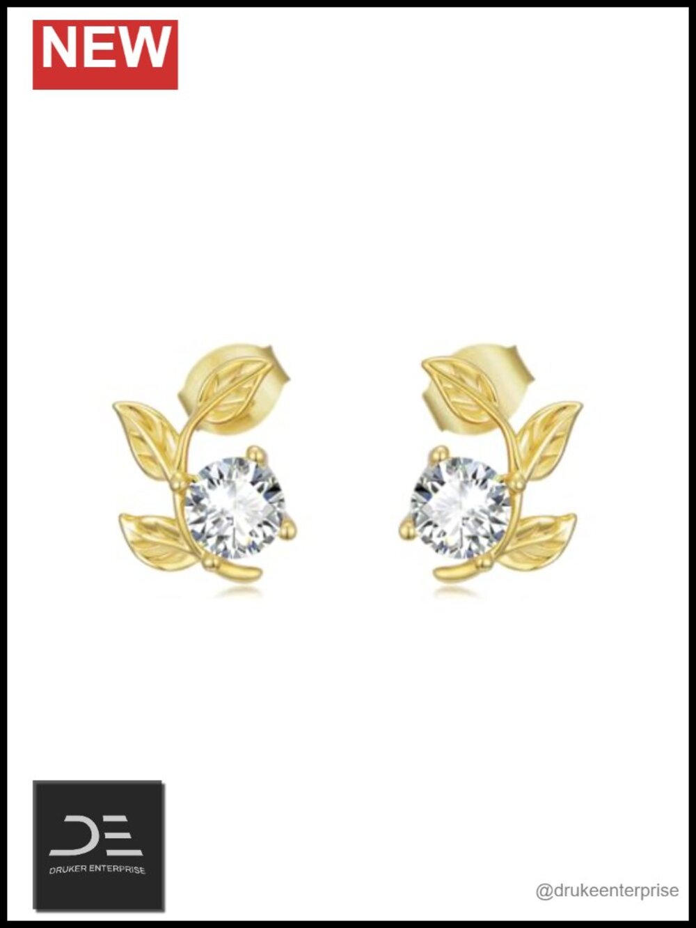 Moissanite Stud Earrings 925 Sterling Silver 18K Gold Plated Leaf Design